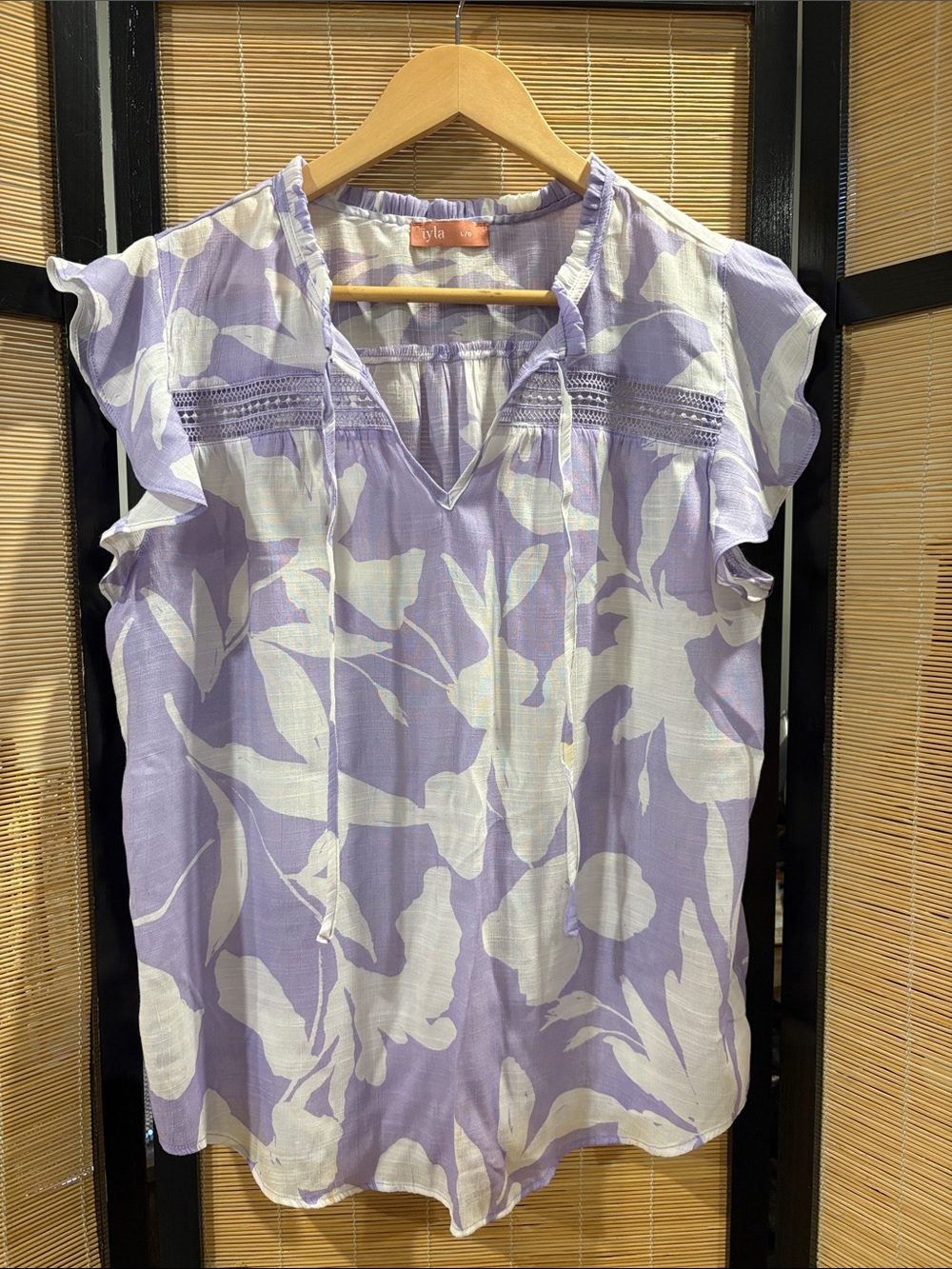 Lavender Floral Split-Neck Ruffle Sleeve Top